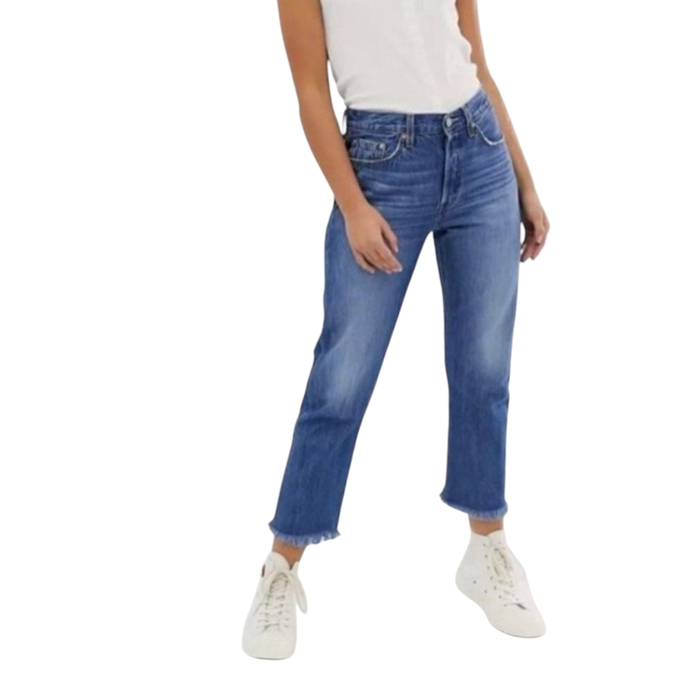 LEVI'S 501 Button Fly Med Wash High Rise "Mom" Cropped Fringed Denim Jeans SZ 26